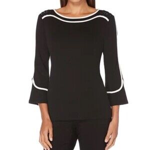 Rafaella Women's 3/4 Flounce Sleeve Top with Contrast Tipping LP